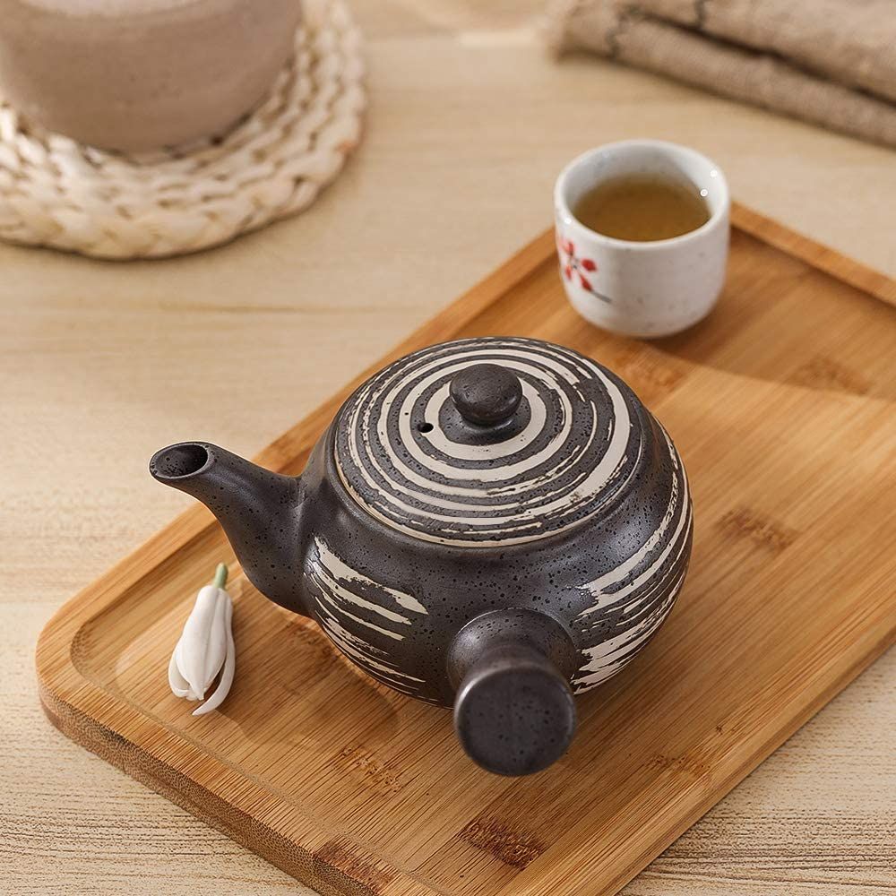 Black Tea Pot Kyusu Tea Maker with Infuser for Loose Tea Ceramic Japanese Teapot